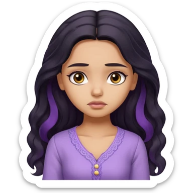 a pretty tan bratz girl with long wavy black hair, wearing a light purple kurti. looking sad sticker