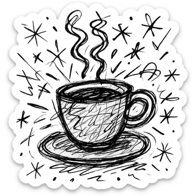 chaotic outlined icon of a coffee cup with erratic steam and scribbled lines sticker