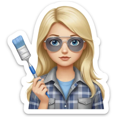 girl with long blond hair, wearing grey plaid shirt with blue eyes and aviator sunglasses wearing a ring on her silver necklace, holding a paint brush roller with a small bit of paint on her face sticker