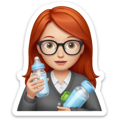 red lang haired woman with glasses with baby bottle sticker