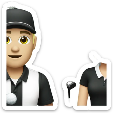 Blond white men green eye wearing white golf outfit, and black hair white woman with brown eye woman wearing black golf outfit playing golf. sticker