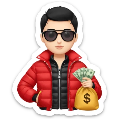 a pretty bratz boy with black hair, holding a bag of money, sunglasses on, red puffer jacket sticker