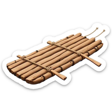 showing a simple wooden raft floating on calm blue water — made of several brown logs tied together with rope — gentle ripples around it — bright, cheerful lighting and soft shadows — minimalist, clean emoji design sticker