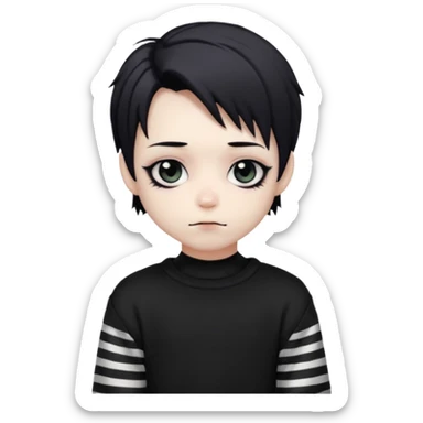 Goth boy, chibi style, oversized sweater, striped sleeves, cute sticker