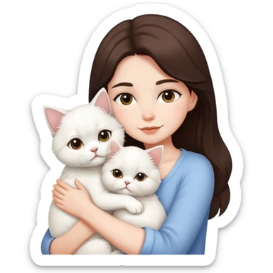 One brunette girl hugging one white puppy and one pure white persian cat sticker