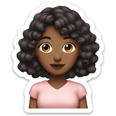 Fair skinned woman with long black curly hair and bangs and dark brown eyes, wearing a pastel pink dress sticker