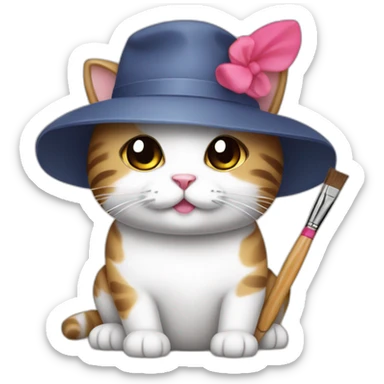 Kawaii cat artist in hat with a brush so it can be used as a mouse cursor sticker