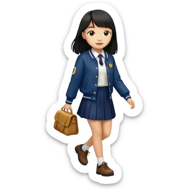 hair : black long hair with fringe 
skin : light 
cloth : deep brown varsity jacket + navy long long school girl skirt 
motion : walking 


 sticker