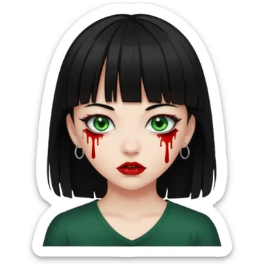 Guria com cabelo preto franjinha sangrando olhos verdes  fundo preto e um piercing bridgepiercing sticker