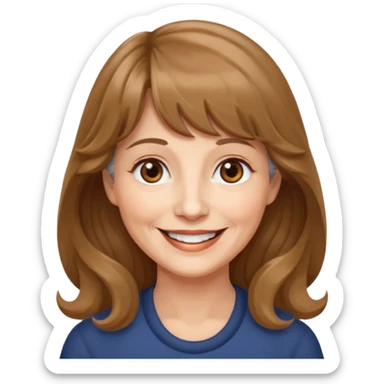 60 yr old woman, very small brown eyes, long wavy light brown hair, bangs,  sticker