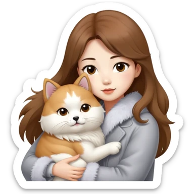 A Chinese fashion girl with brown hair, wearing a light gray fur coat, hugging a Shiba Inu and a long-haired white Persian cat. sticker