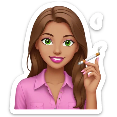 white girl with green eyes and long brown hair smoking a white joint smiling in a pink shirt with pink lips sticker