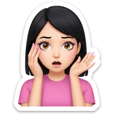 Face girl shocked with hand on face black hair pink shirt full of lashes sticker