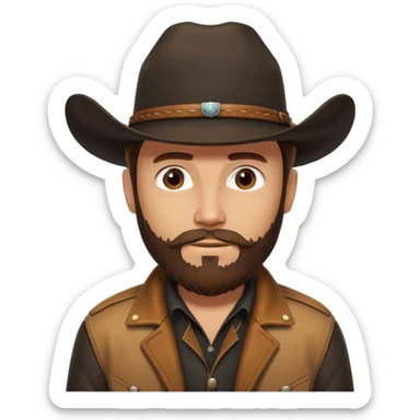yellowstone ranch cowboy with brown beard, black cowboy hat, black t-shirt, leather tan jacket sticker