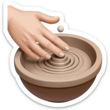 thumb pressing side of a clay ball down onto a silver pottery wheel, thumb at the bottom of the clay, pottery gesture sticker