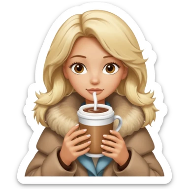 Tanned Girl with lashes , blonde hair, in an extremely big fluffy oversized coat and hold hot chocolate drink sticker