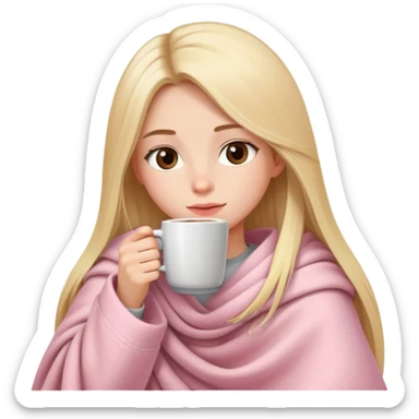 Long blonde straight hair girl drinking coffee, small brown almond eyes, with a soft pink cozy blanket sticker