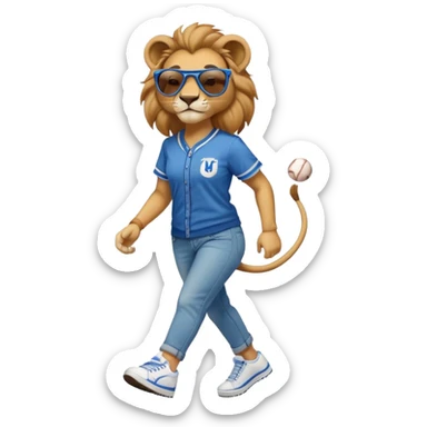 friendly anthropomorphised female lion wearing a baseball shirt, jeans, trainers, dark sunglasses, walking upright with a confident stride sticker