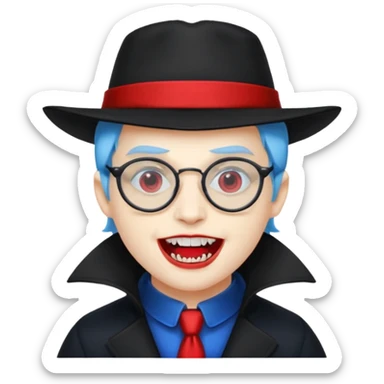 
vampire with blue hat,black coat with read collared ,teeth looks like vampire, with glasses sticker