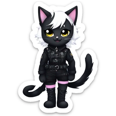 Gorgeous furry gothic dark techwear anime style anthro black cat fursona with blushing face aesthetic and pretty edgy black with collar and harness trending style sticker