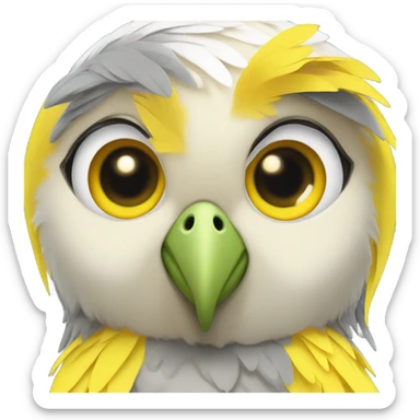 A cockatiel’s head with a yellow and gray , depicted as a girl in a cute, cartoon toy-like manner, smiling sweetly. sticker