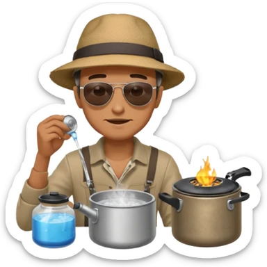 A man camper boiling water on a portable stove, enjoying the outdoor sticker