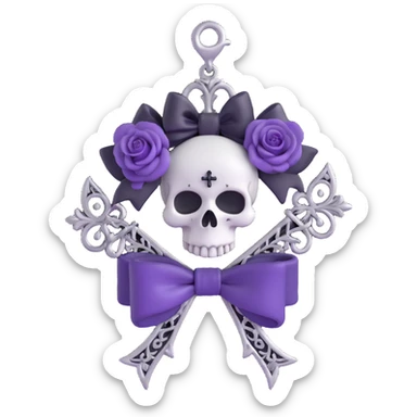 gothic bow with black velvet, silver skull charm, purple rose center, and tiny silver cross pendant, ornate and dark sticker