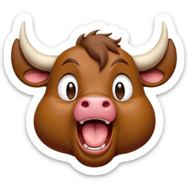 Cinematic Cute Yawning Brown Bull Portrait Emoji, Head tilted slightly with a dramatic, wide-open yawn, showcasing a smooth, rich brown hide with a subtle texture, floppy ears slightly drooping, round dark eyes barely open in drowsy contentment, Simplified yet irresistibly adorable features, highly detailed, glowing with a soft, cozy glow, high shine, relaxed yet expressive, stylized with a touch of rugged whimsy, bright and endearing, soft glowing outline, capturing the essence of a sleepy yet affectionate guardian, so drowsy it feels like it could charge right out of the screen and curl up for a nap! sticker