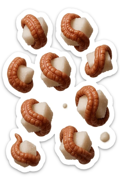 zollette di zucchero fluttuano in aria con pezzi di colon arrotolati intorno ad ogni zolletta, iperrealistico 4k sticker