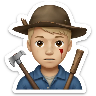 13 y/o Brian robeson at the beginning of Hatchet
distressed, has hatchet, small scratches on face, no blood on hatchet sticker