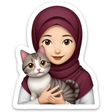 Asian white Girl wearing dark maroon hijab with white shirt smiling while holding a black brown grey tabby cat sticker