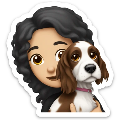A white woman that has long black hair and phony brown eyes, hugging a white and brown springer spaniel dog  sticker
