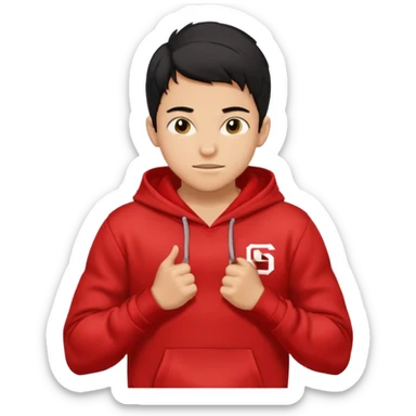make me an emoji of an americain 19 yearold boy in a red hoodie that says "south" on it and give him with tan skin with his hands in his hands in his pocket wth a small smile flexing his muscles with his hood on sticker