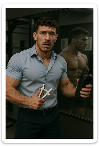 a fit man in his 30s stands in front of a gym mirror, flexing his muscles with a concerned expression. In one hand, he holds a caliper measuring his body fat, while in the other, a protein shaker. Reflected in the mirror, his muscular physique appears slightly faded around the edges, symbolizing his fear of losing muscle. The background shows gym equipment and nutrition charts, emphasizing his focus on definition. sticker