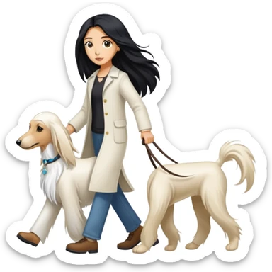 A girl with long black hair walks a white Afghan hound sticker
