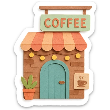 cozy coffee shop entrance with pastel hanging sign, string lights, and cute details, hand-drawn soft pastel style sticker