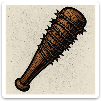 Stylized icon of a barbed wire-wrapped baseball bat, evoking Lucille, with a gritty, comic book feel, transparent background sticker