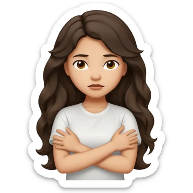 Hispanic light tan girl with long dark wavy hair crossing her arms under arm pit and slightly pouting sticker