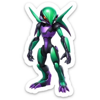 a shiny black-green-purple Genesect-Flygon-Raptor-Fakémon-Medabot-hybrid with a futuristic visor-helmet full body sticker