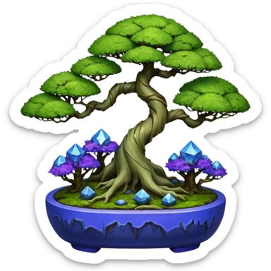 Cracked Futuristic wild glowing space alien moss maples shohin Bonsai hair-pine-leaf group multi faceted intricate crystalline-inspired boxwood purple blue informal rocky cliffhanger eight trees forest planting in shallow willow slab style pot with big animal-like feet  sticker