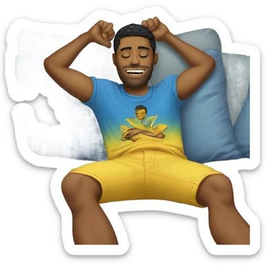 A person lying on a sofa, legs crossed with hands behind the head, relaxing in a cozy setting, yellow skin, Ed Hardy t-shirt, blue jeans sticker