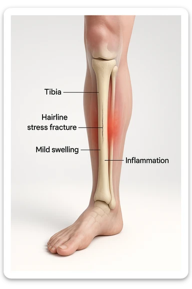 3D realistic medical illustration: a close-up of a human lower leg (tibia), showing the bone with a visible hairline stress fracture. The surrounding soft tissue is semi-transparent, highlighting mild swelling and inflammation. Educational labels point to the fracture site. The background is clean and clinical, with a subtle gradient. sticker