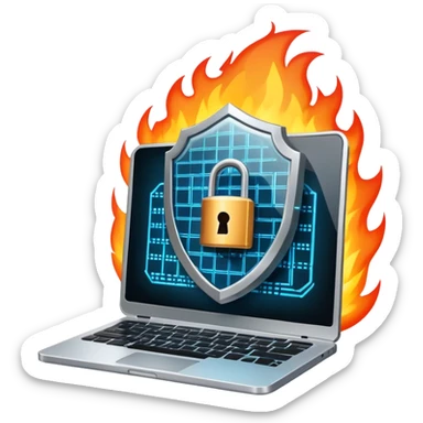 An icon featuring a digital shield with a lock, binary code, and a glowing firewall grid, symbolizing cybersecurity. The design includes a laptop, warning icons, and secure network nodes, representing protection against cyber threats. Transparent background highlights digital safety and defense. sticker