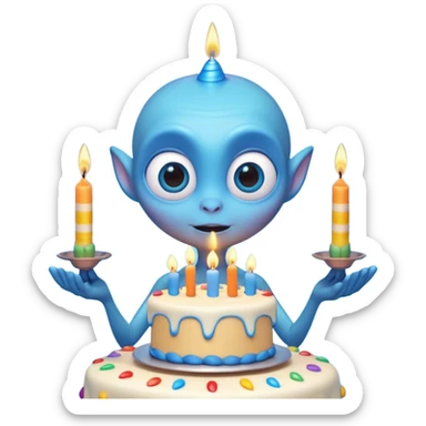 A cute friendly alien holding a birthday cake with candles, big expressive eyes, bright colors, cartoon style, playful atmosphere, 3D animated look, Pixar-inspired, highly detailed
 sticker