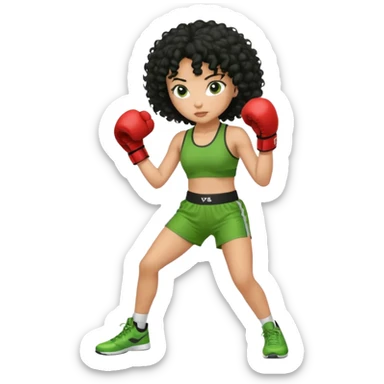 a girl with black curly hair and olive skin in a green workout outfit, boxing sticker