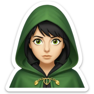 claudia winkleman as a traitor with a green hooded cloak with a gold clasp and dark black eyeliner sticker