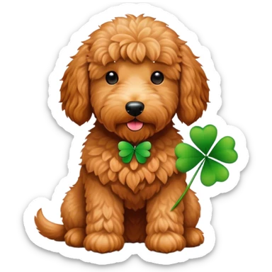 Red golden doodle with green clover sticker