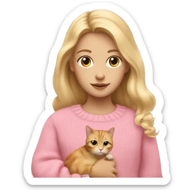 A girl with blonde hair holding a cat with a pink sweater sticker