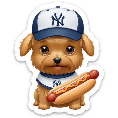 Yorkie with a NYY hat and a hotdog sticker
