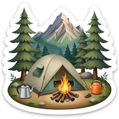Icon for Hiking: a tent, and a kettle over a campfire, surrounded by trees and a mountain trail, a backpack, a walking stick. The icon should capture the adventure and warmth of camping. Transparent background. sticker